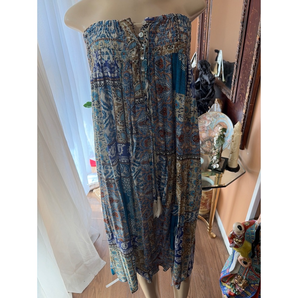 Christian Siriano New York Blue Paisley Patchwork Smocked Strapless Maxi Dress L